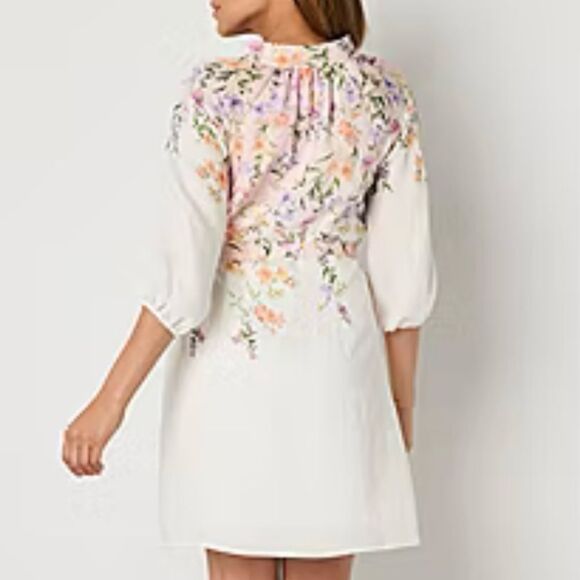 52seven 12P White Floral Mock Neck Button Front 3/4 Sleeve Belted Dress - Picture 5 of 16